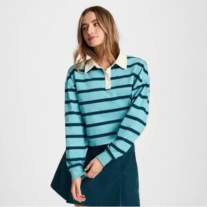 Champion Cropped Rugby Polo Teal Striped Women’s Large
